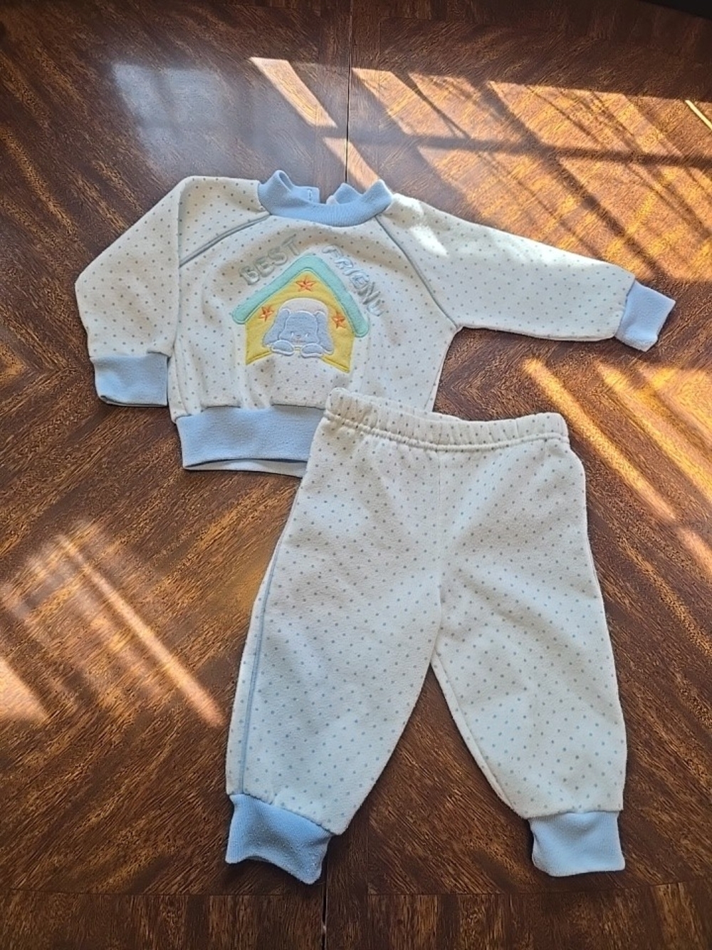 Doe-Spun 2pc Baby Outfit Set 6-9 Months White/Blue Polka Dot Dog Pants